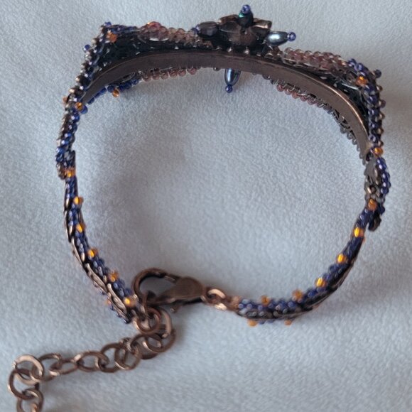 SATELLITE PARIS VINTAGE HIGHLY DETAILED CUFF COPPER BRACELET W/CRYSTALS & PEARLS - Picture 5 of 9